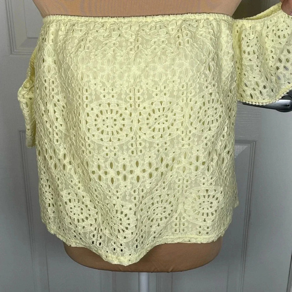 💛 Everly Yellow Eyelet Boxy Short Sleeve Crop Cotton Top Medium - Picture 9 of 12